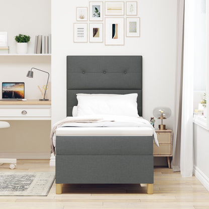 Boxspring Bed Met Matras Donkergrijs Eenpersoons Stof Blauw