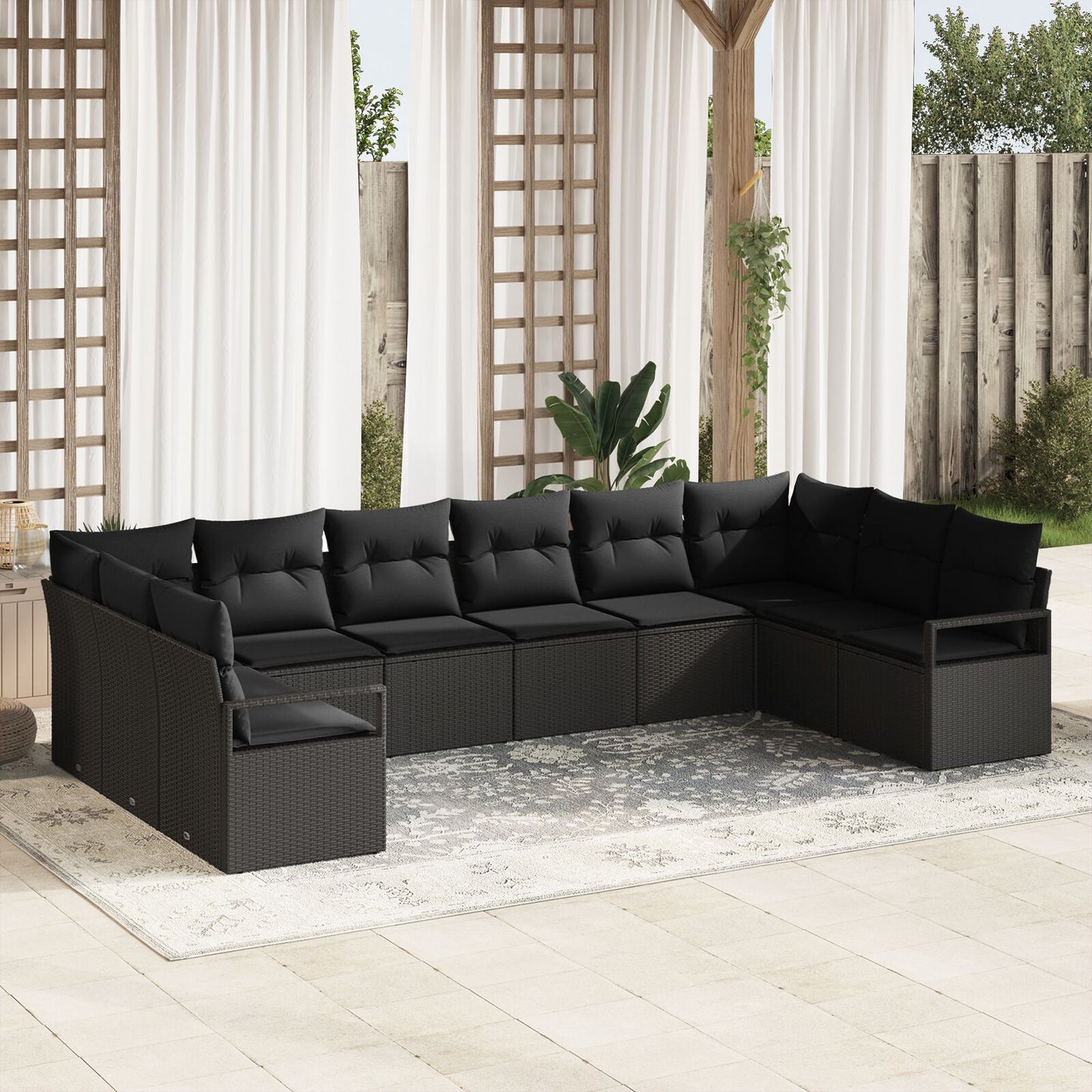 10-Delige Tuinset Met Kussens Zwart Poly Rattan,  2-Zits Tuinbank Met Kussens Zwart Poly Rattan