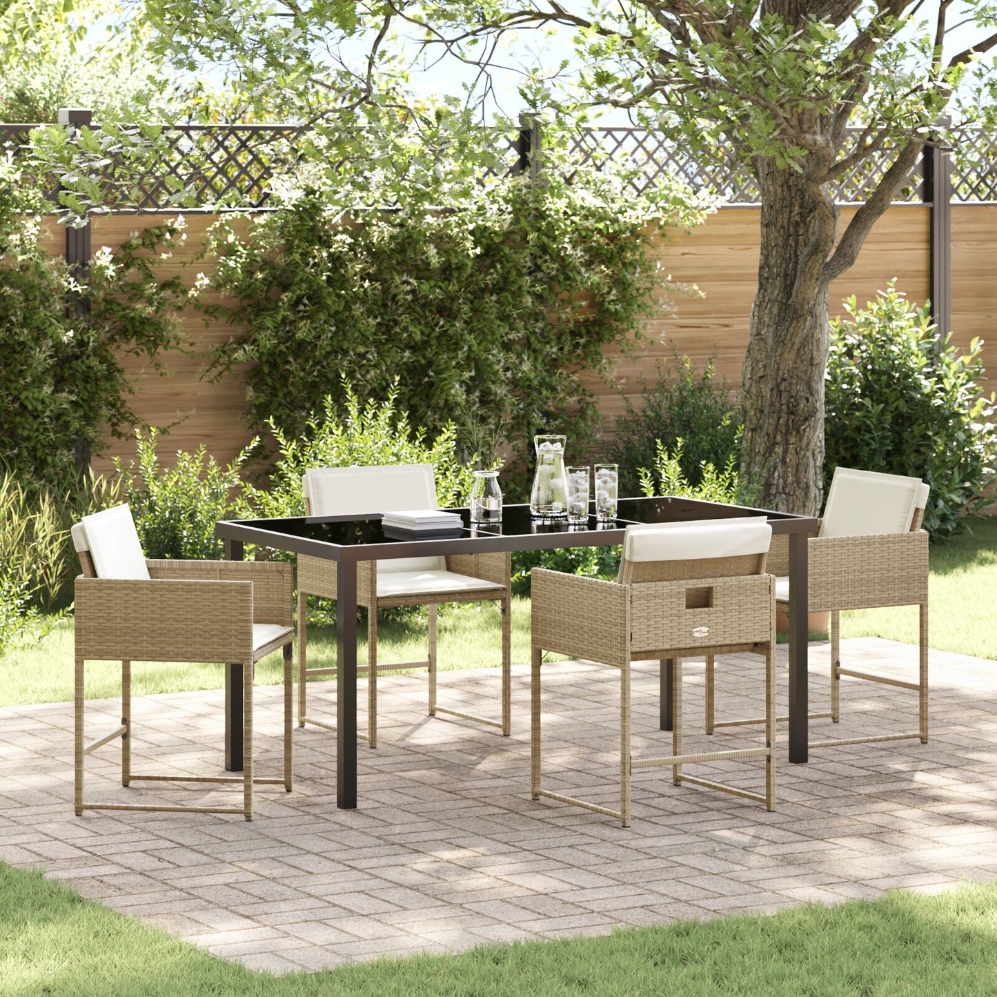 5-Piece Tuin Eetset Met Kussens Beige Poly Rattan
