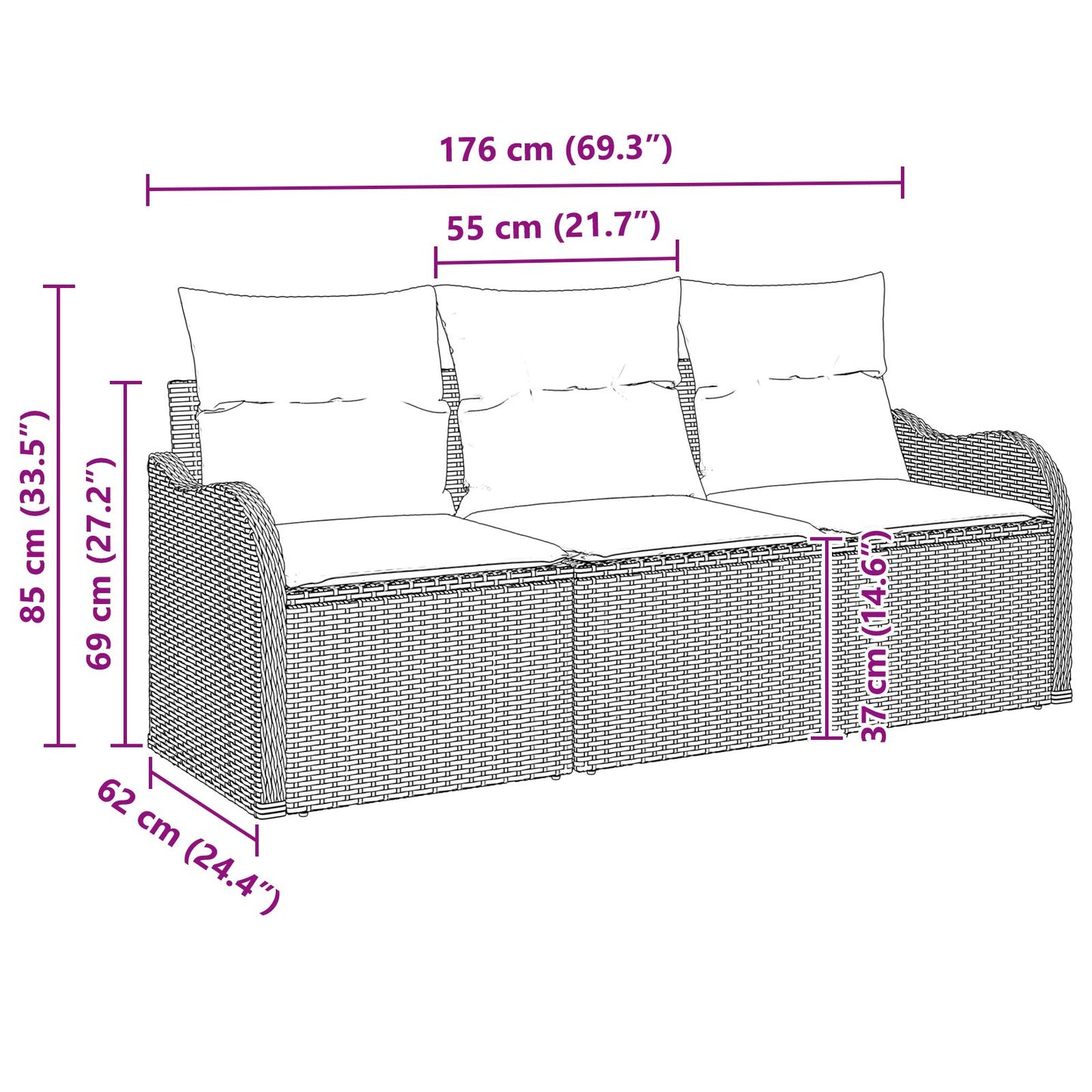 3-Delige Tuin Sofa Set Met Kussens Zwart Poly Rattan