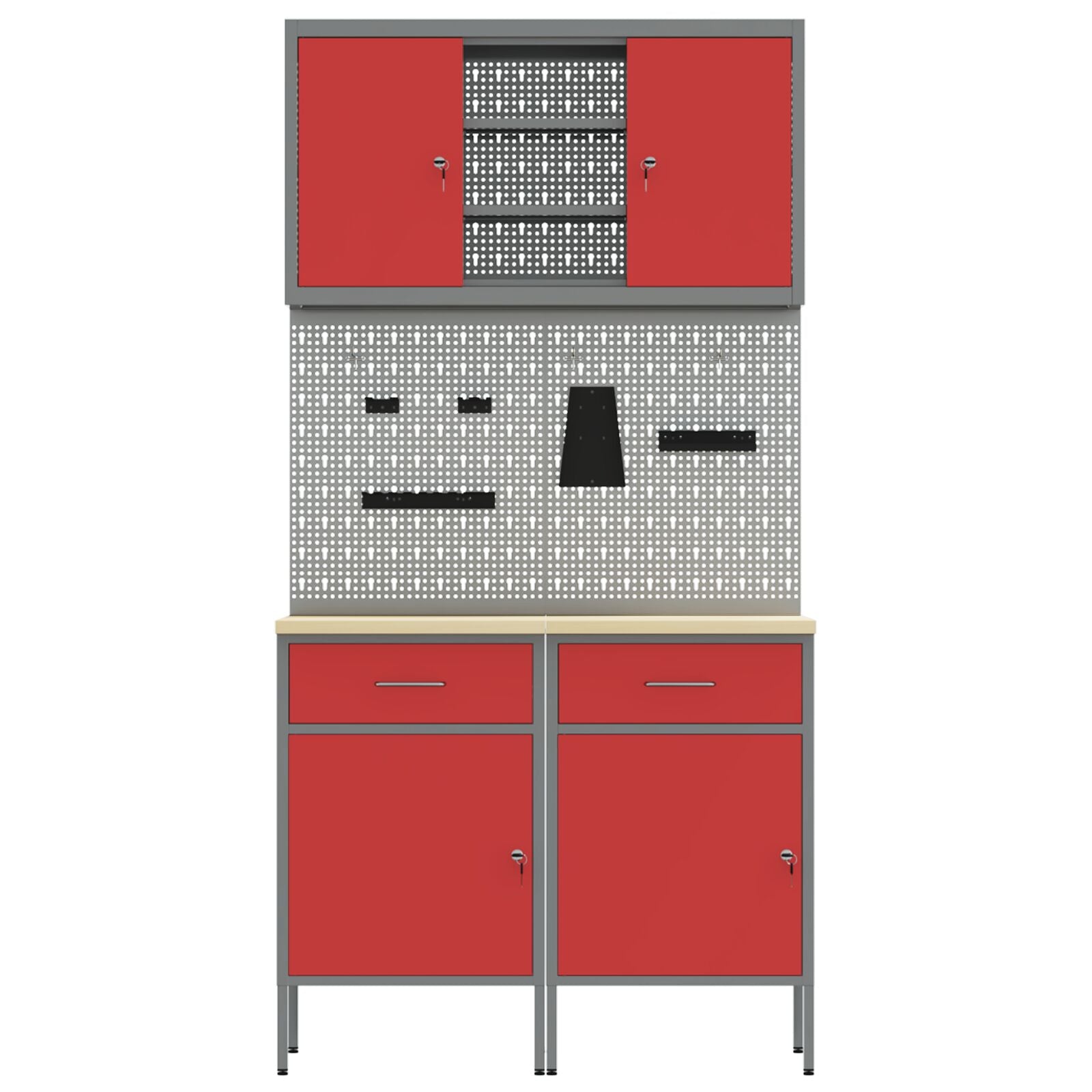 6-Delige Werkbankset Staal 2x (84 cm) Rood 2x kast + 2x prikbord + 2x kast met deur