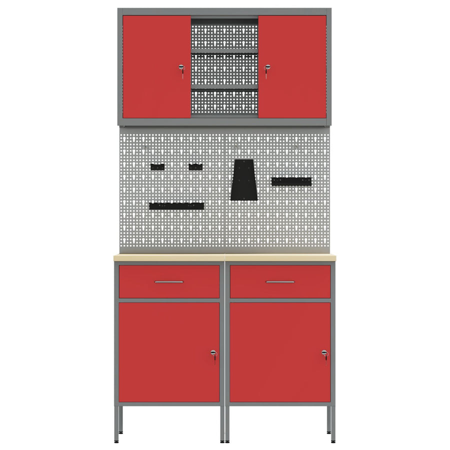 6-Delige Werkbankset Staal 2x (84 cm) Rood 2x kast + 2x prikbord + 2x kast met deur