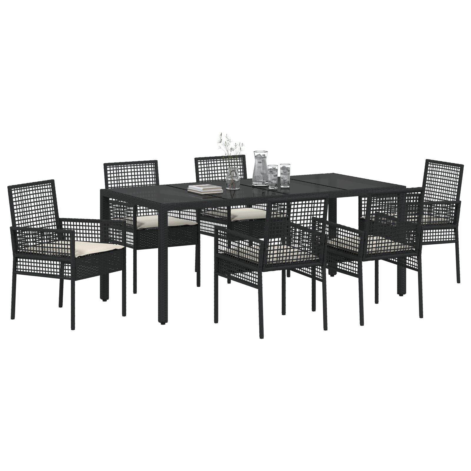 Tuin Eetset Van 7 Stuks Met Kussens Zwart Poly Rattan