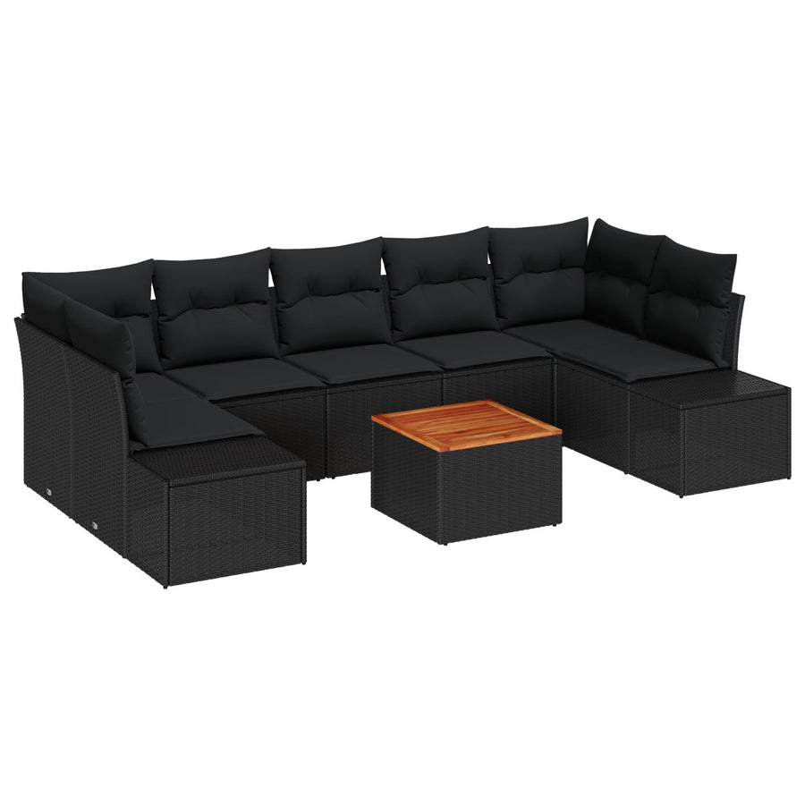 8-Delige Tuinbankset Met Kussens Zwart Poly Rattan Acacia