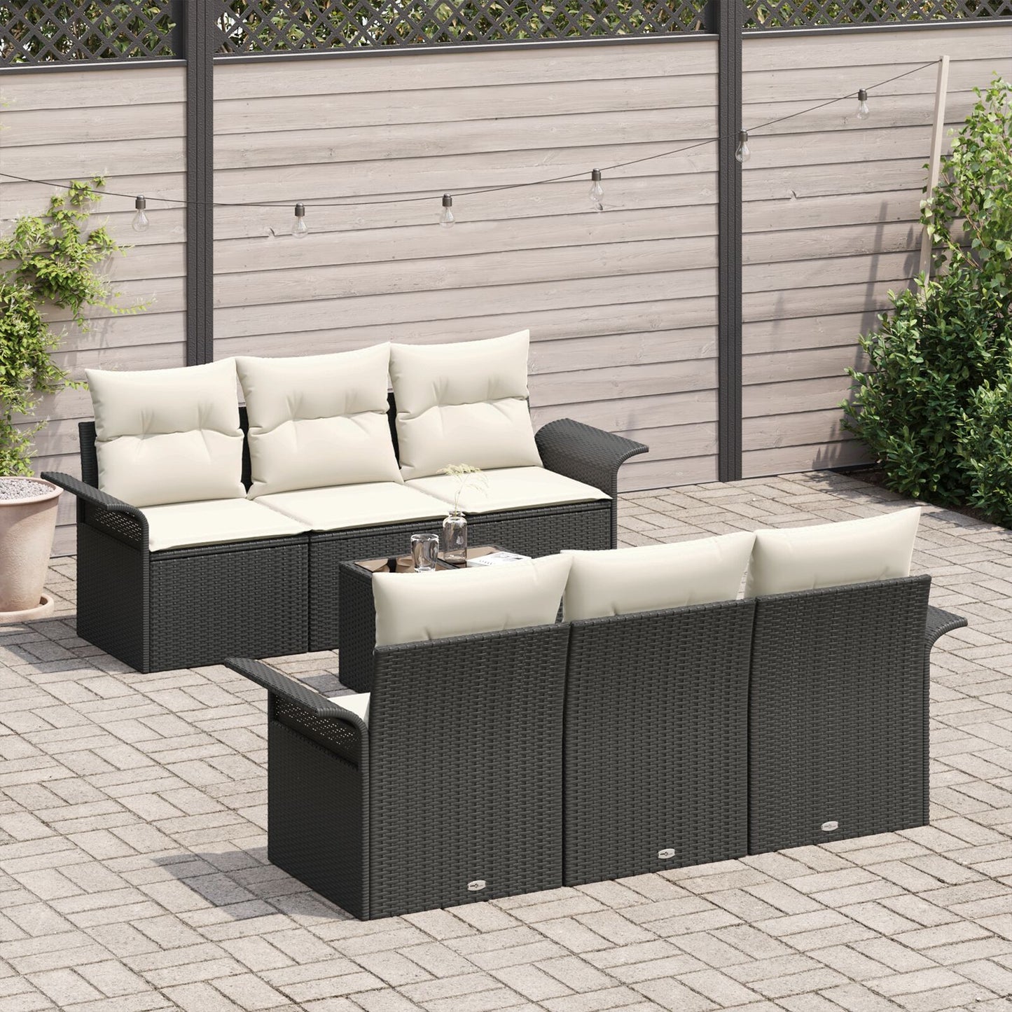 7-Delige Tuin Sofaset Met Kussens Zwart Poly Rattan