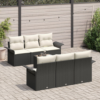 7-Delige Tuin Sofaset Met Kussens Zwart Poly Rattan