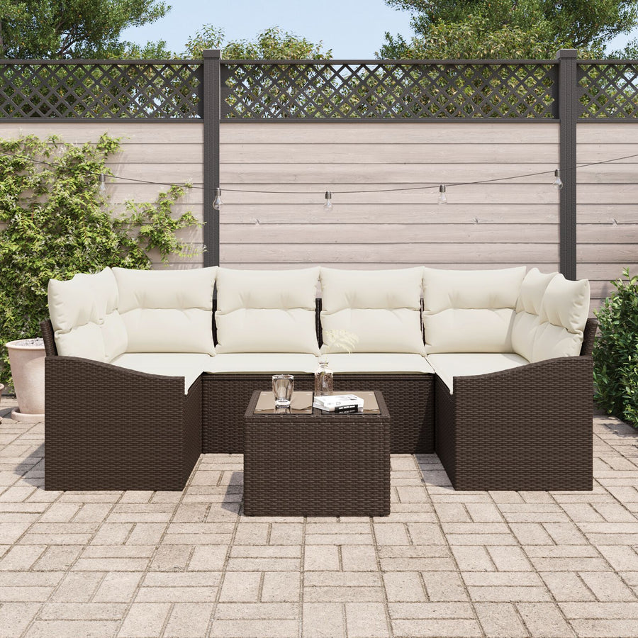 7-Delige Tuin Eetset Met Kussens Bruin Poly Rattan Gegalvaniseerd Staal