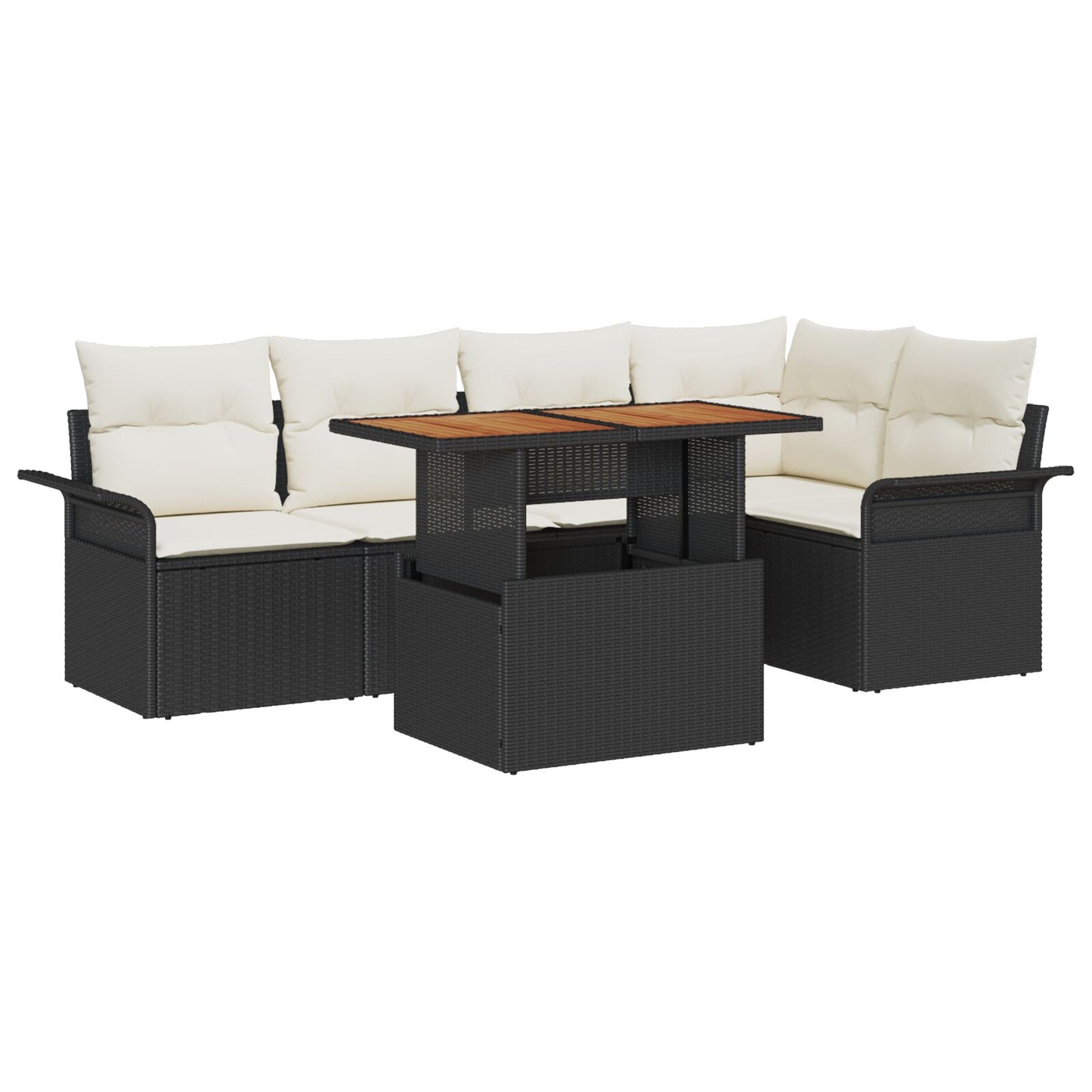 6-Delige Tuin Eettafel Set Met Kussens Zwart Poly Rattan Acacia
