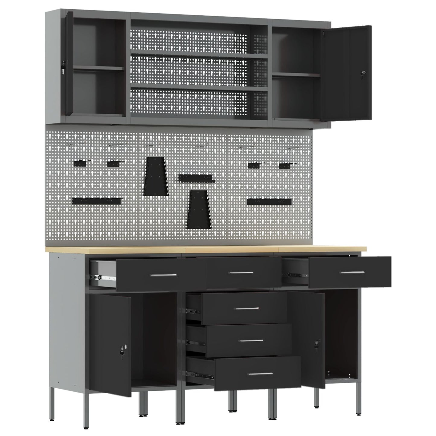 7-Delige Werkbank Set Staal 3x (84/84/85 cm) Zwart 4x kast + 4x pegboard