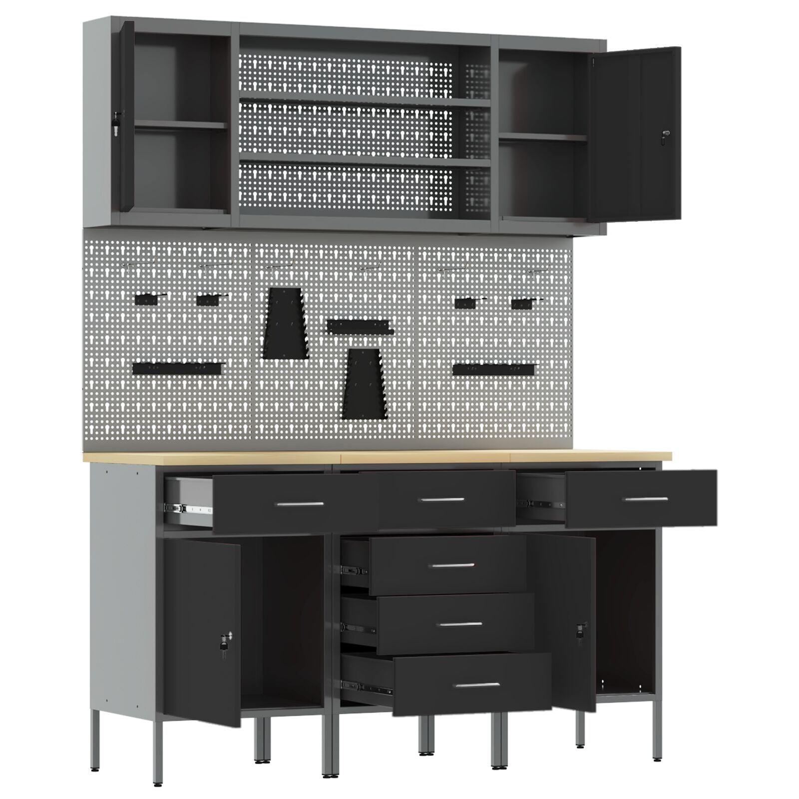 7-Delige Werkbank Set Staal 3x (84/84/85 cm) Zwart 4x kast + 4x pegboard