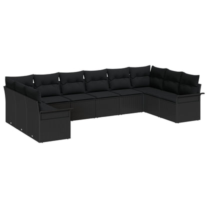 10-Delige Tuinsofa Set Met Kussens Zwart Poly Rattan