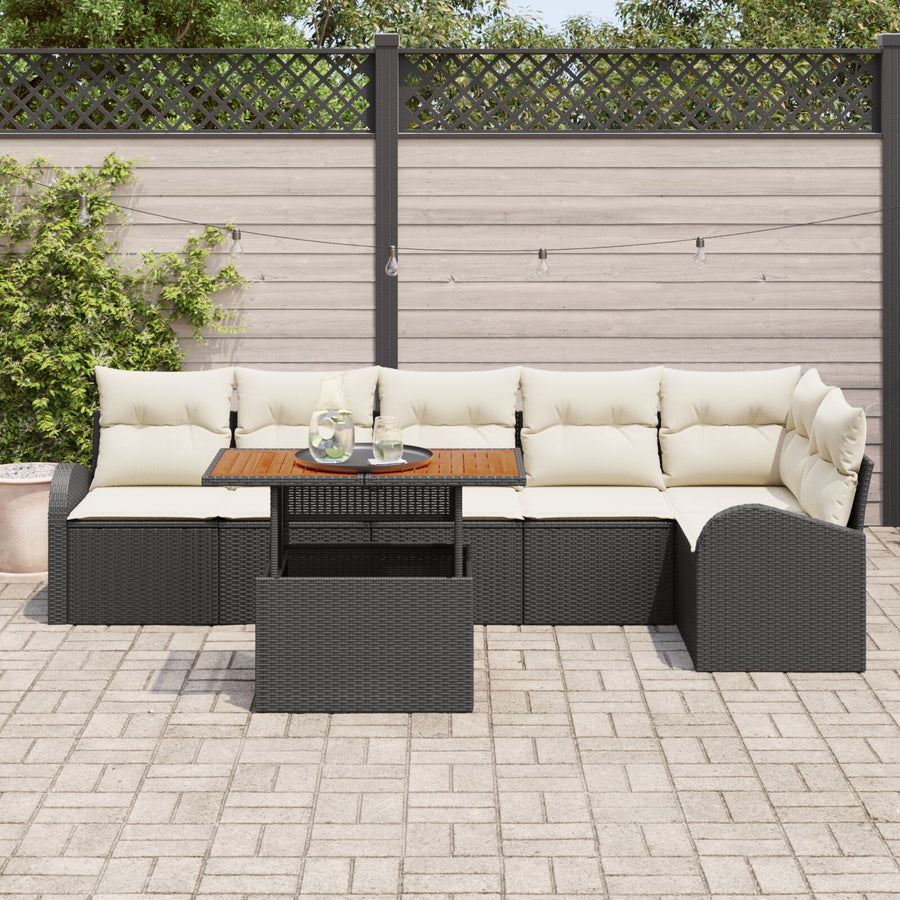 7-Delige Tuin Eettafel Set Met Kussens Zwart Poly Rattan Acacia