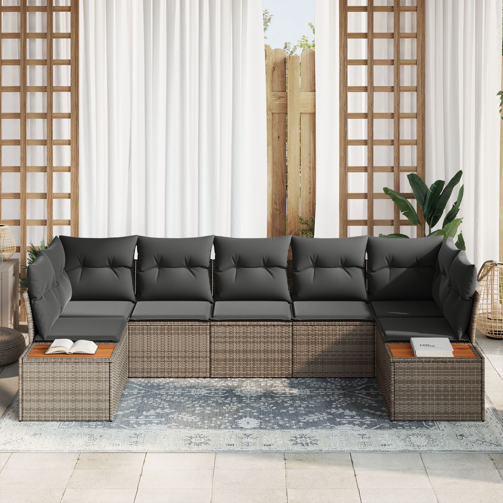 7 Delen Tuin Sofa Set Met Kussens Grijs Poly Rattan Acacia