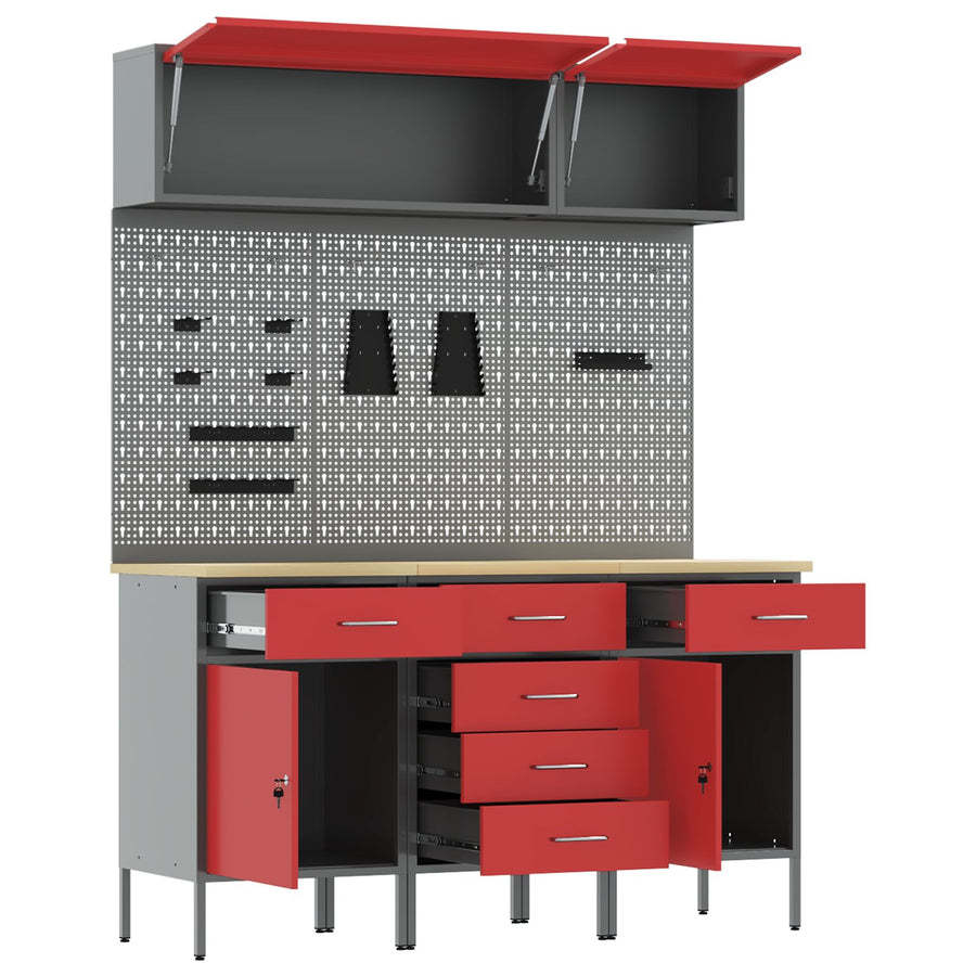 8-Delige Werkbank Set Staal 3x (84/84/85 cm) Rood 3x kast + 3x prikbord + 2x kast met deur