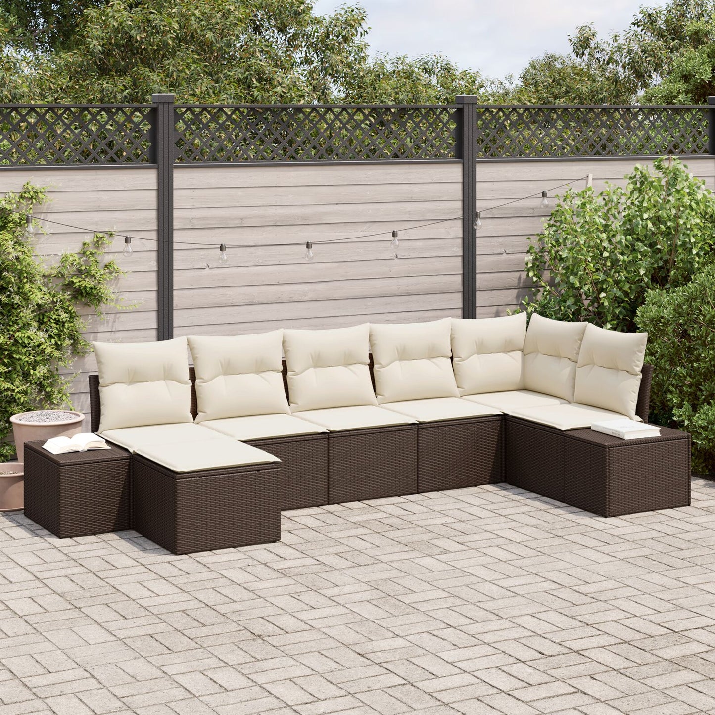 7-Delige Tuin Sofa Set Met Kussens Bruin Poly Rattan