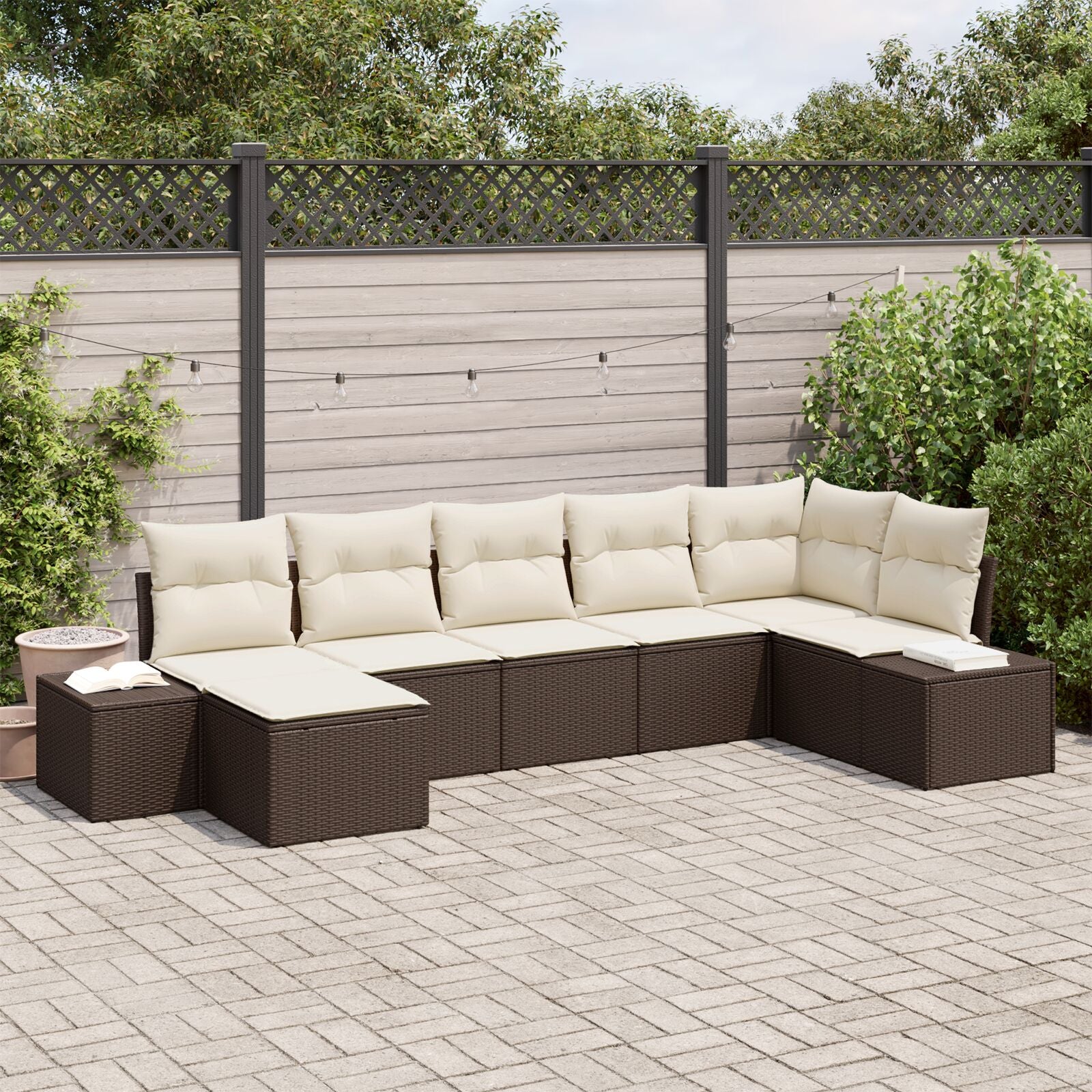 7-Delige Tuin Sofa Set Met Kussens Bruin Poly Rattan