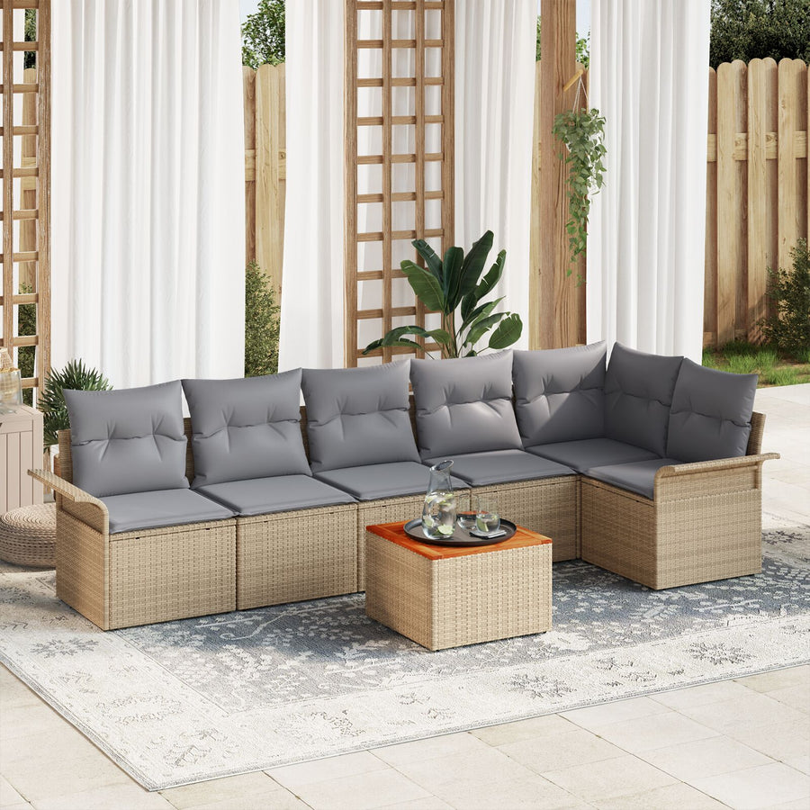 7-Delige Tuin Sofa Set Met Kussens Beige Poly Rattan Acacia