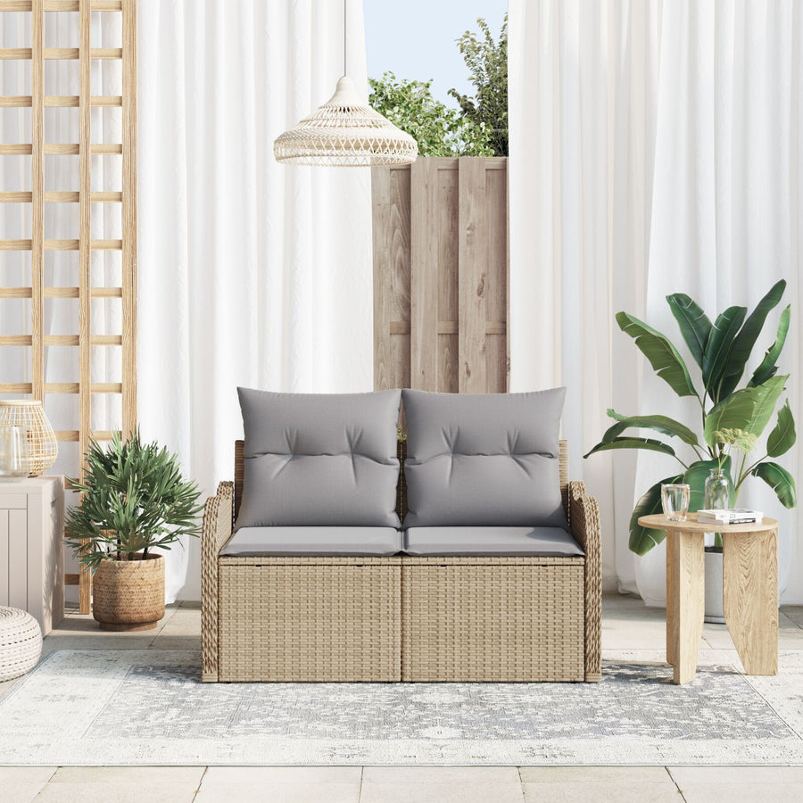2-Zits Tuinbank Met Opbergruimte & Kussens Poly Rattan Beige en grijs met opslag