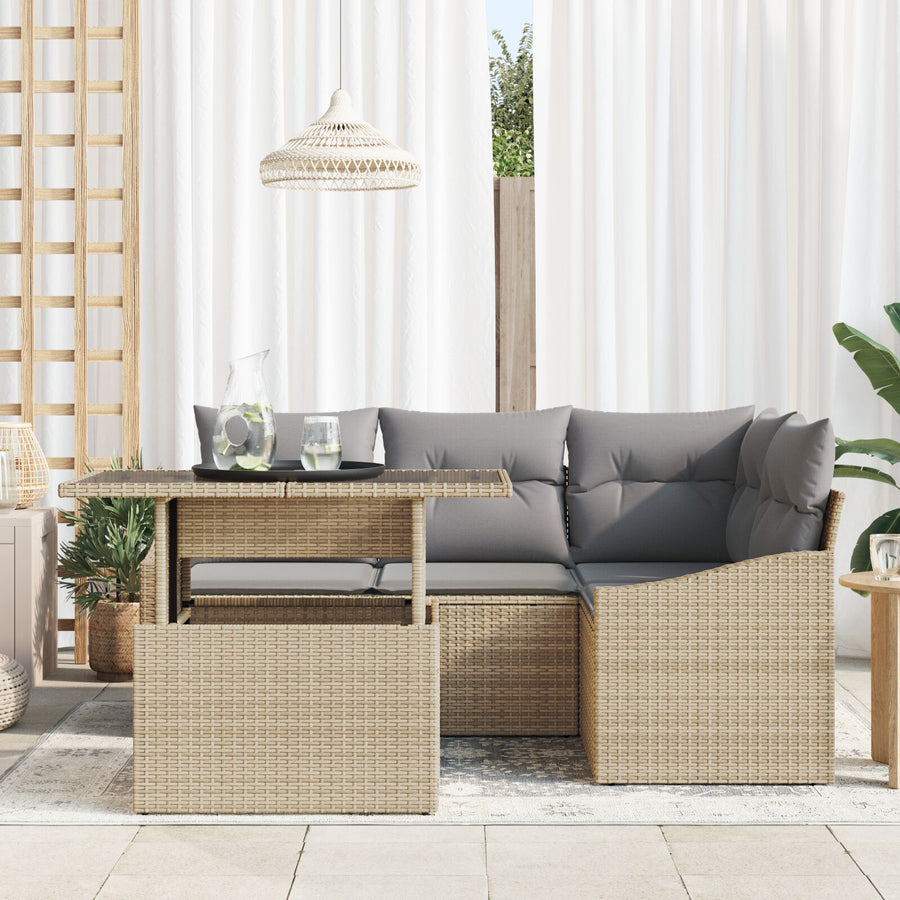 Tuin Sofa Set Set Van 5 Beige, Grijs Rattan, Polyester