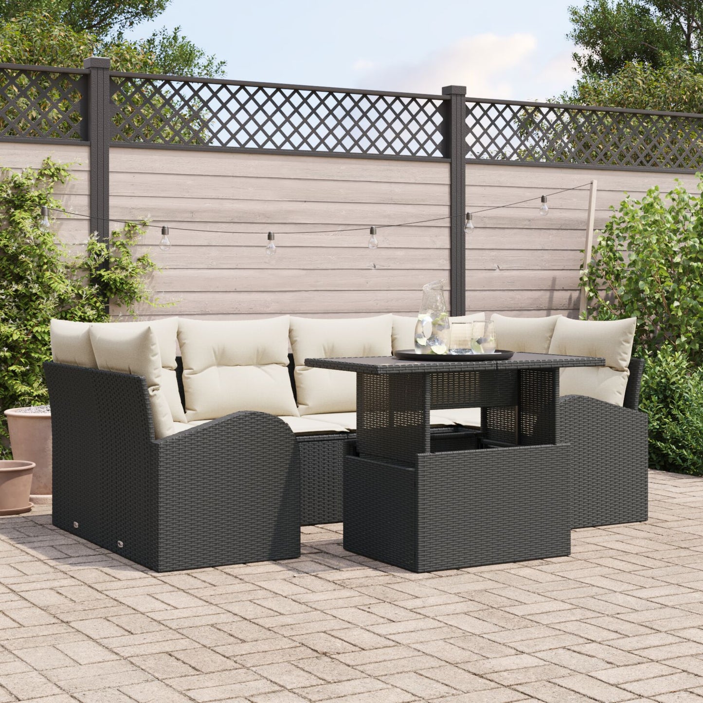 7-Delige Tuin Sofa Set Met Kussens Zwart Poly Rattan
