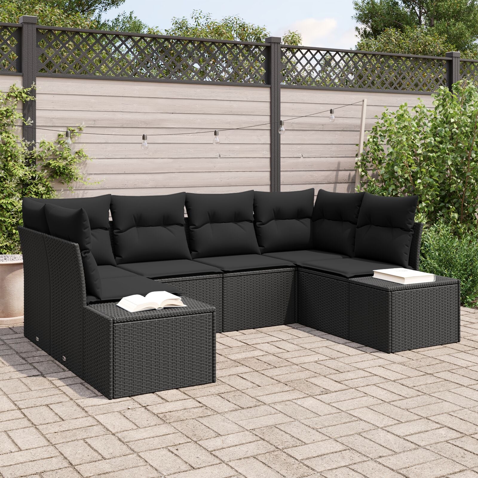 6-Delige Tuin Sofa Set Met Kussens Zwart Poly Rattan