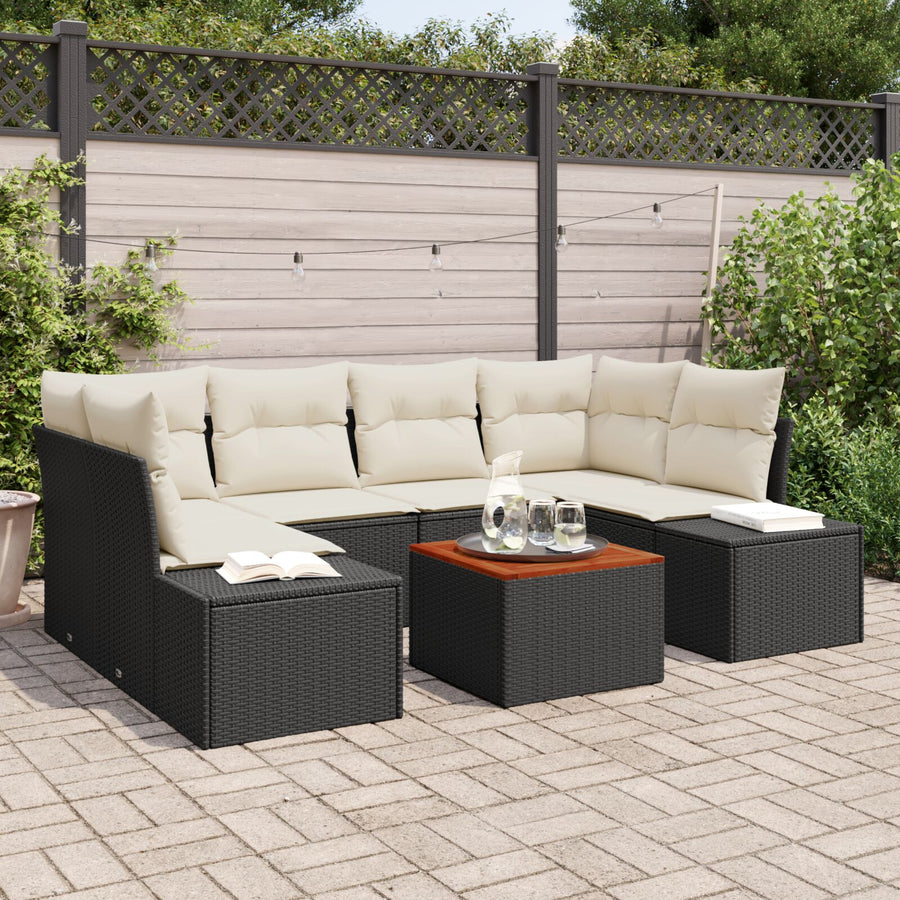 7-Delige Tuinbankset Met Kussens Zwart Poly Rattan Acacia
