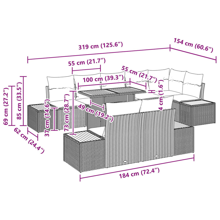 Tuinbankset Set Van 9 Beige, Grijs Rattan, Polyester