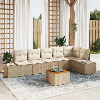 7-Delige Tuin Sofa Set Met Kussens Beige Poly Rattan Acacia