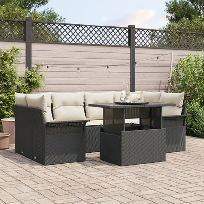 7-Delige Tuin Sofa Set Met Kussens Zwart Poly Rattan