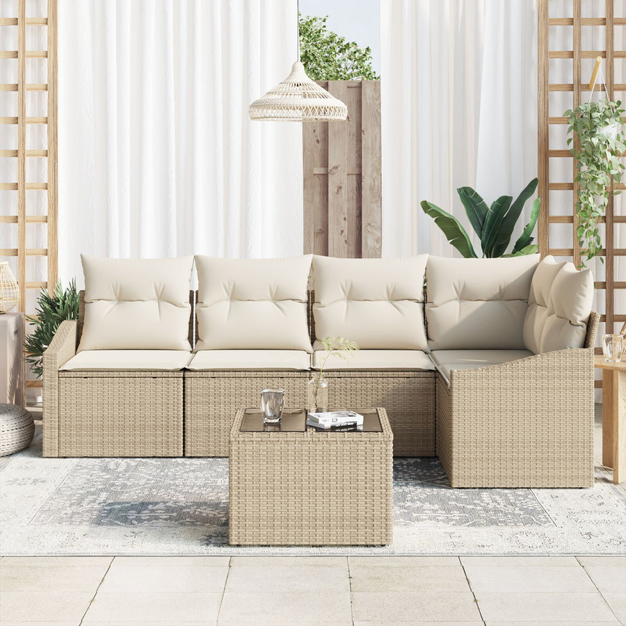 6-Delige Tuin Sofa Set Met Kussens Bruin Poly Rattan Beige en crème met tafel