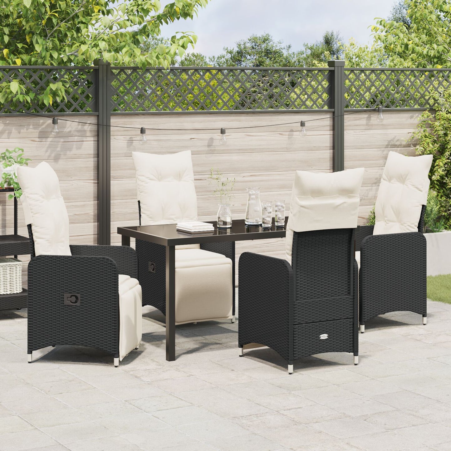 5-Delige Tuin Eettafel Set Met Kussens Zwart Poly Rattan.
