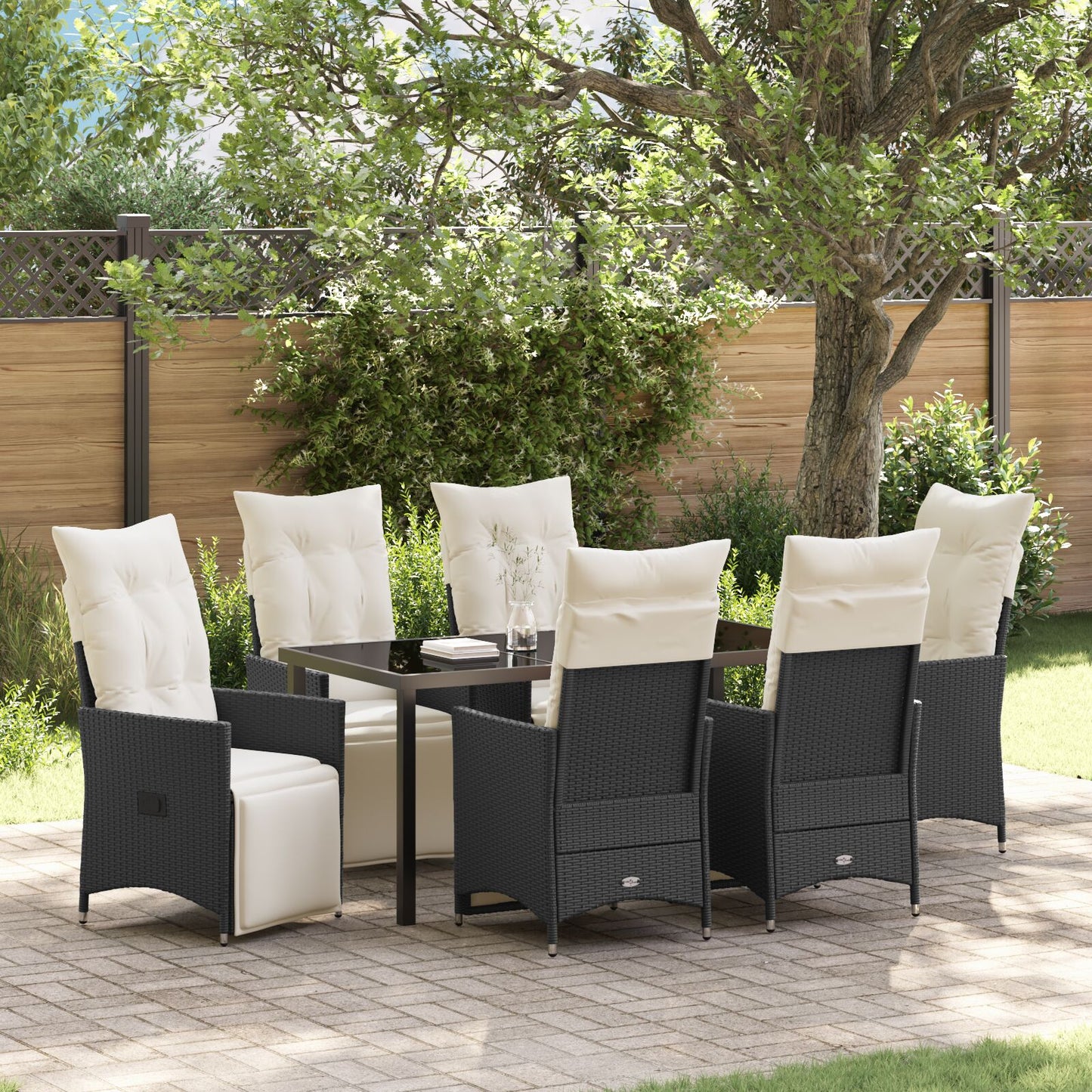 7-Delige Tuin Eetset Met Kussens Zwart Poly Rattan