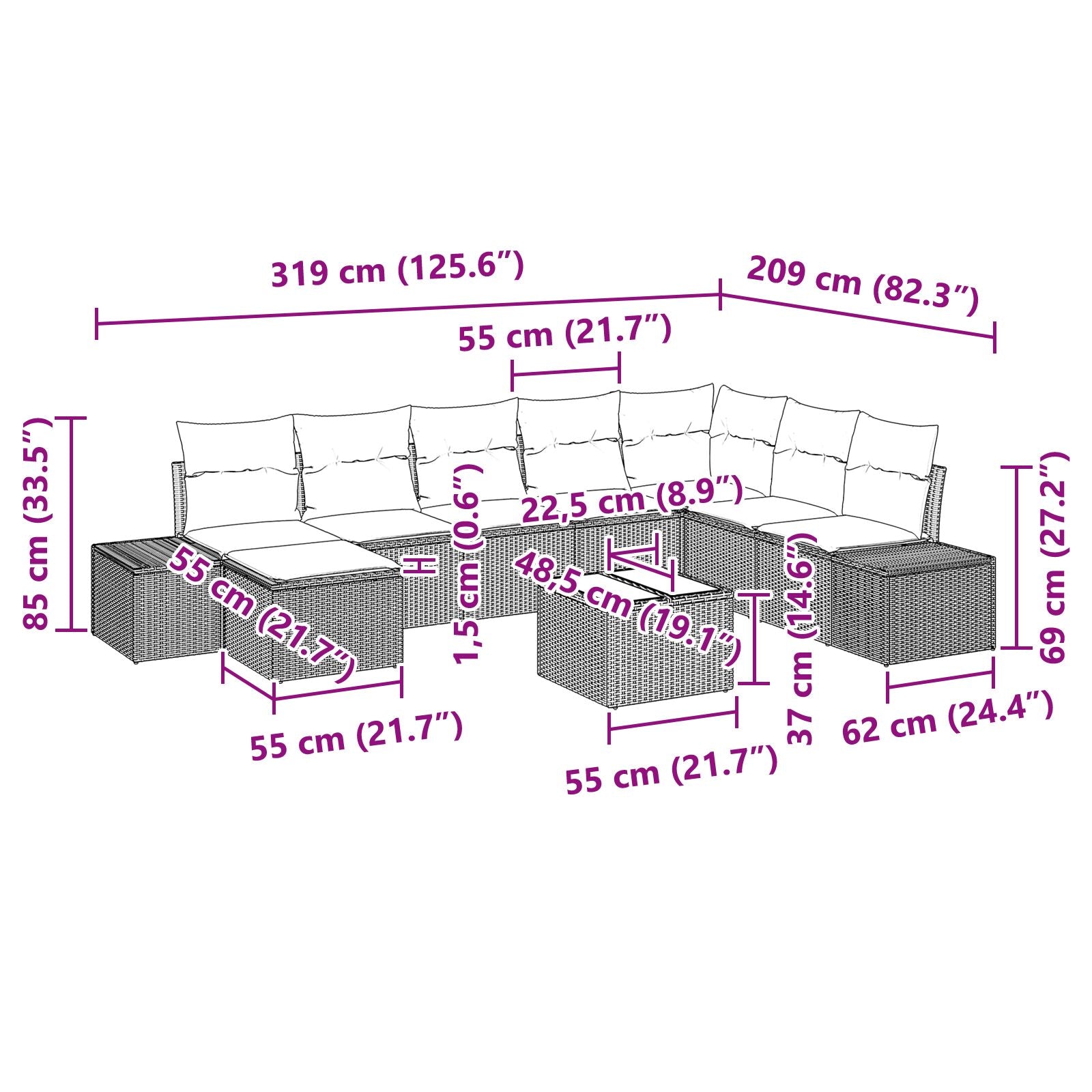 8-Delige Tuin Sofa Set Met Kussens Bruin Poly Rattan