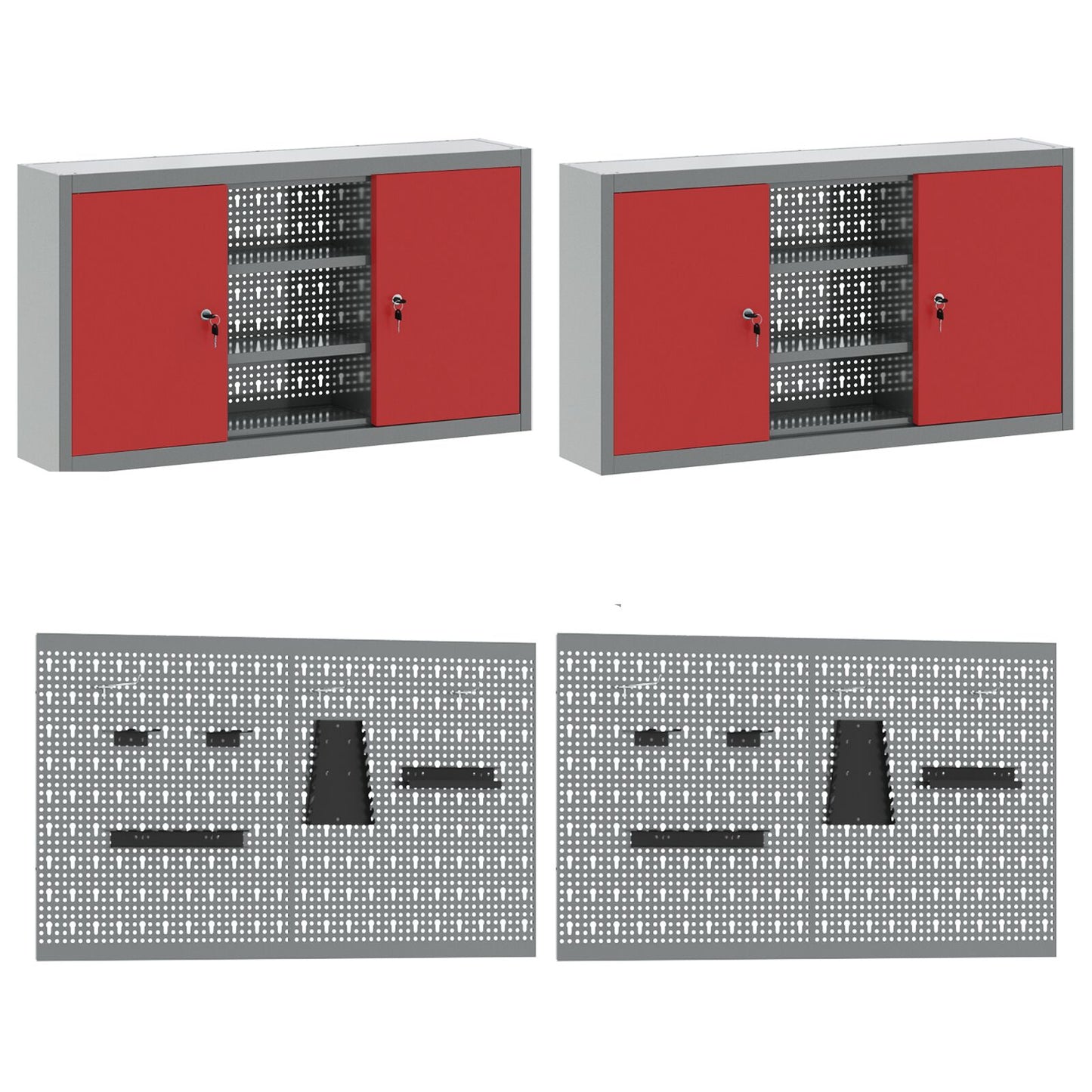 10-Delige Werkcabinet En Pegboard Set In Mdf En Metaal 4x (2x84/2x85 cm) Rood 6x kast + 6x pegboard