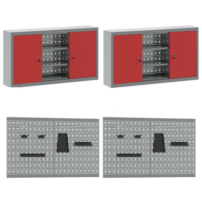 10-Delige Werkcabinet En Pegboard Set In Mdf En Metaal 4x (2x84/2x85 cm) Rood 6x kast + 6x pegboard