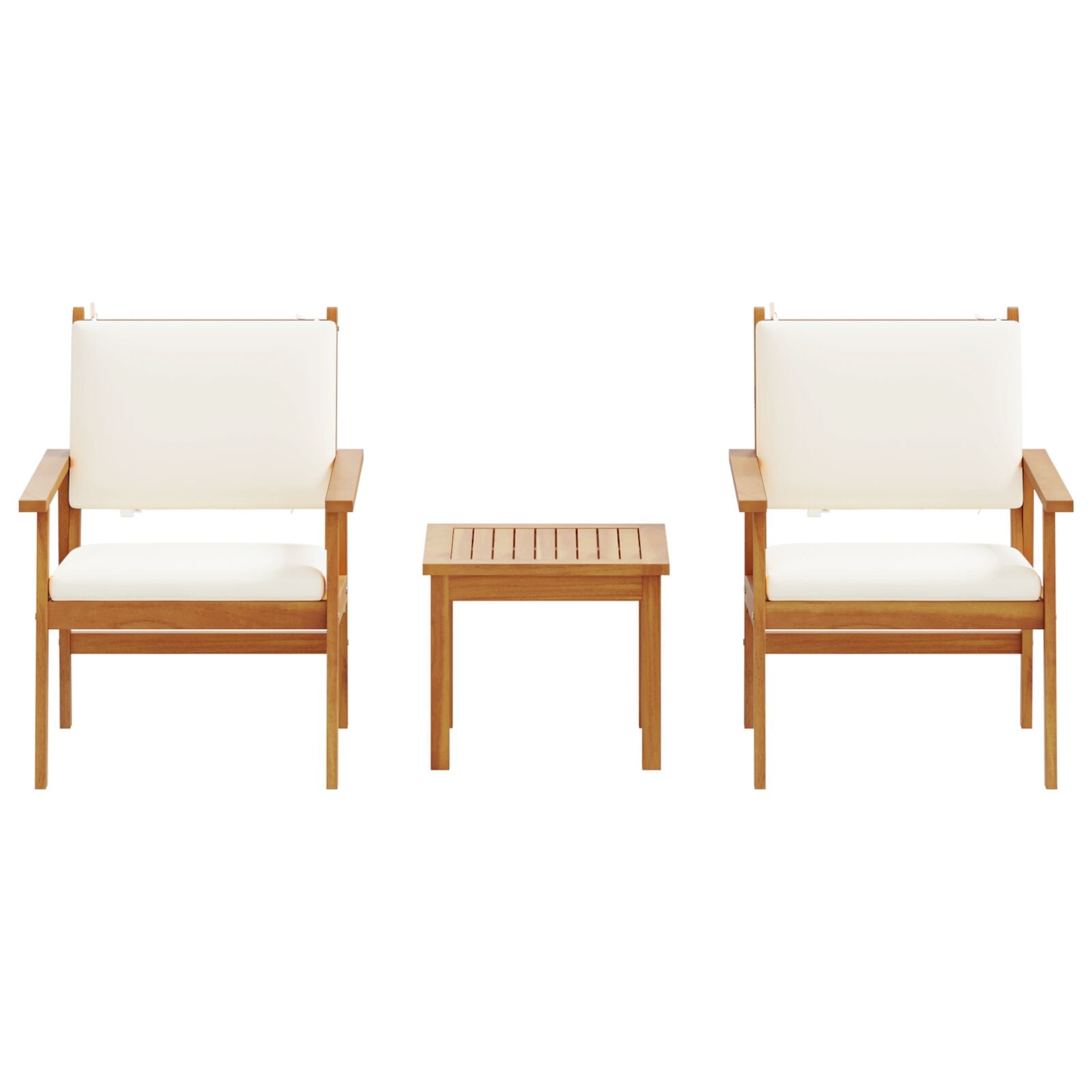 3-Delige Tuin Bistroset Met Kussens Van Massief Acaciahout Crèmewit Tafel + 2 stoelen