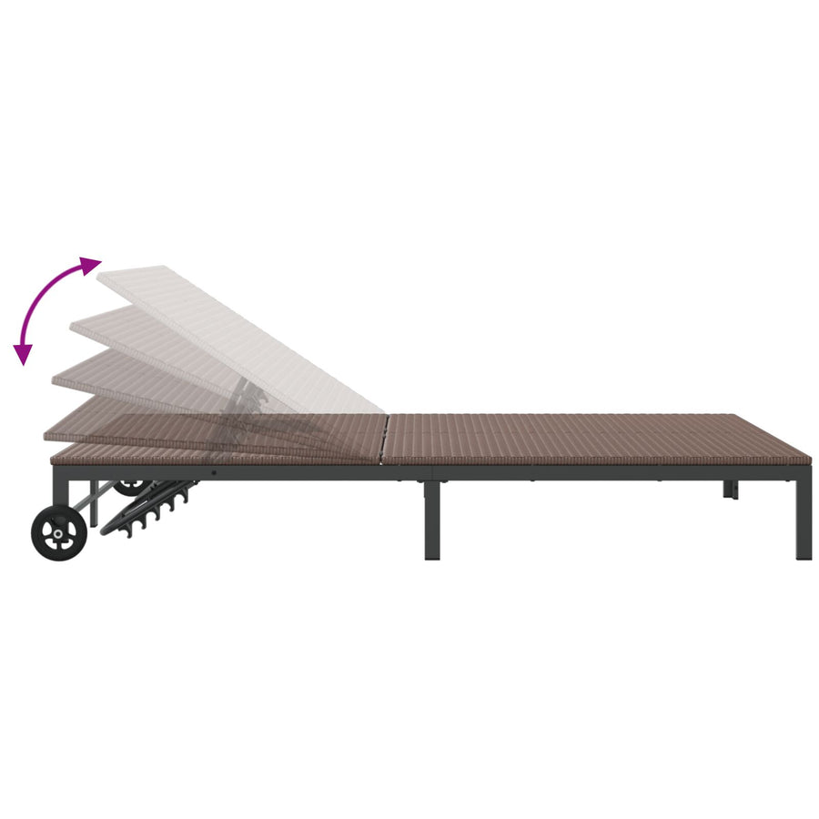 Zonnebed Met Kussens En Wielen Voor 2 Personen Poly Rattan Bruin 200 x 109 x 27.5 cm