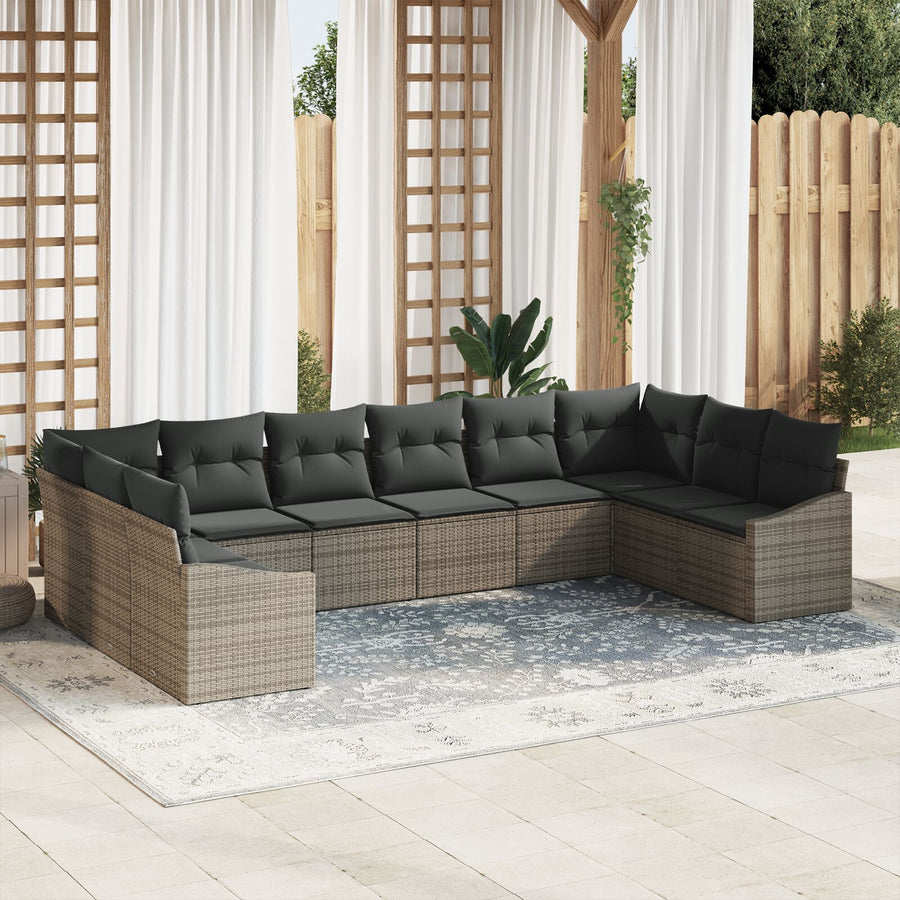 10-Delige Tuin Eettafel Set Met Kussens Poly Rattan Grijs zonder tafel