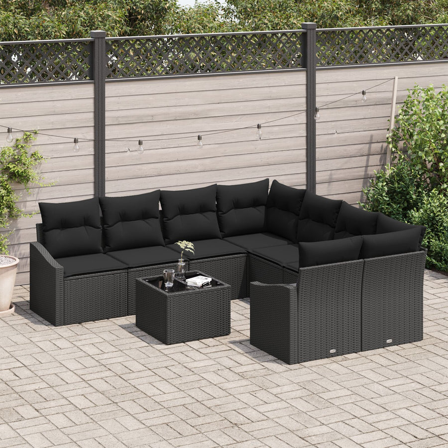 Tuinbank Set Set Van 9 Zwart Rattan, Polyester Kussens Gegalvaniseerd Staal