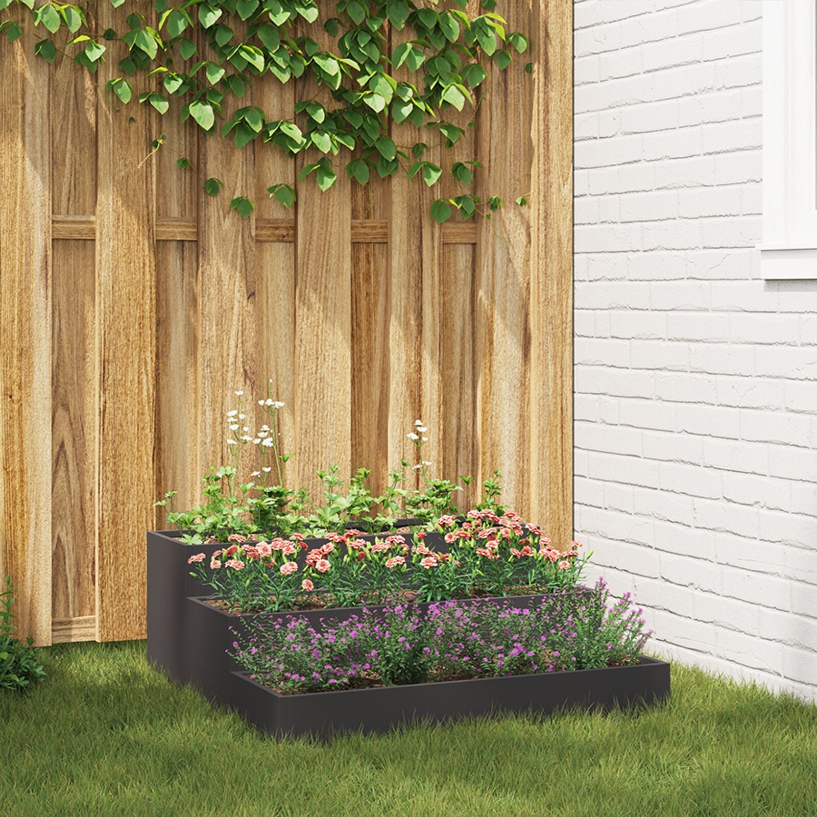 Tuinplanter 3-Laags Staal 90 x 90 x 35 cm Zwart