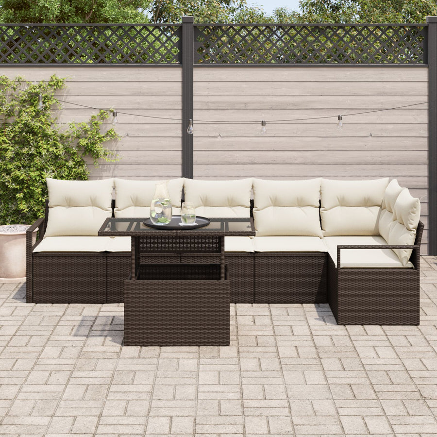 7-Delige Tuinbankset Met Kussens Bruin Poly Rattan,  2-Persoons Tuinbank Met Kussens Bruin Poly Rattan