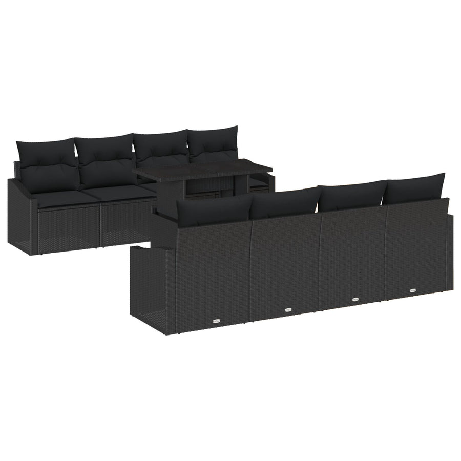 9-Delige Tuin Sofaset Met Kussens Zwart Poly Rattan