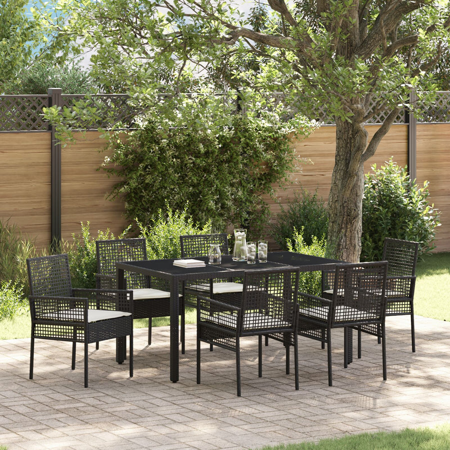 7-Delige Tuintafelset Met Kussens Zwart Poly Rattan
