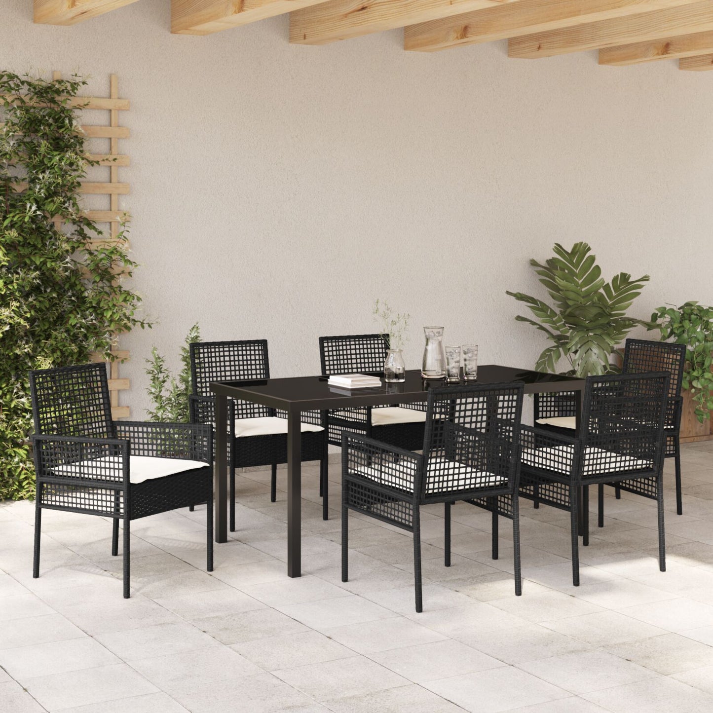 7-Delige Tuinetafelset Met Kussens Zwarte Poly Rattan