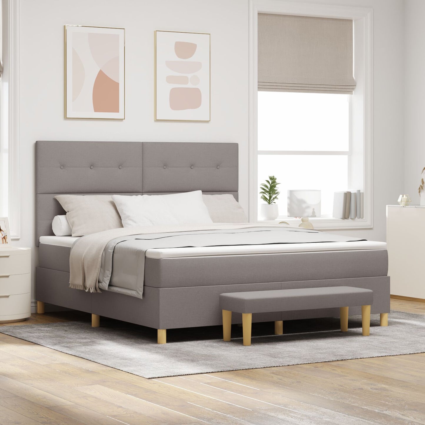 Boxspring Met Matras & Bank Stof Taupe 180 x 200 cm Knopgestikt