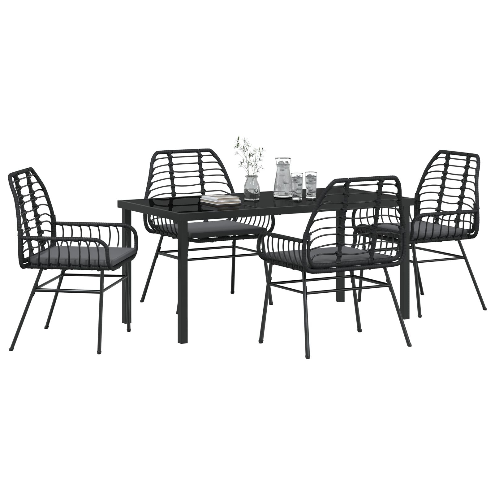 5-Delige Tuin Eetset Met Kussens Zwart Poly Rattan
