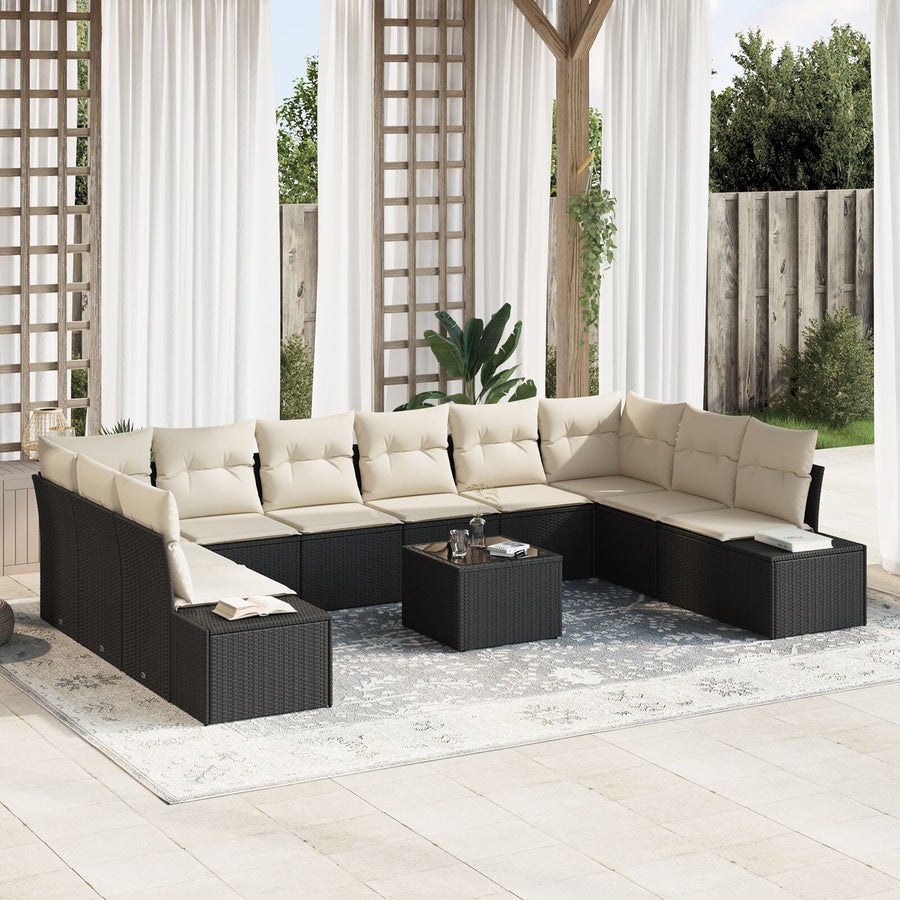 10-Delige Tuinsofa Set Met Kussens Bruin Poly Rattan Zwart en crème met tafel