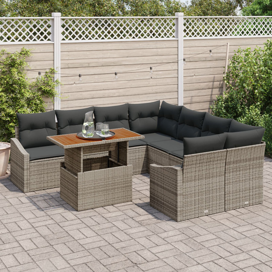 9-Delige Tuin Eettafel Set Met Kussens Grijs Poly Riet Acacia