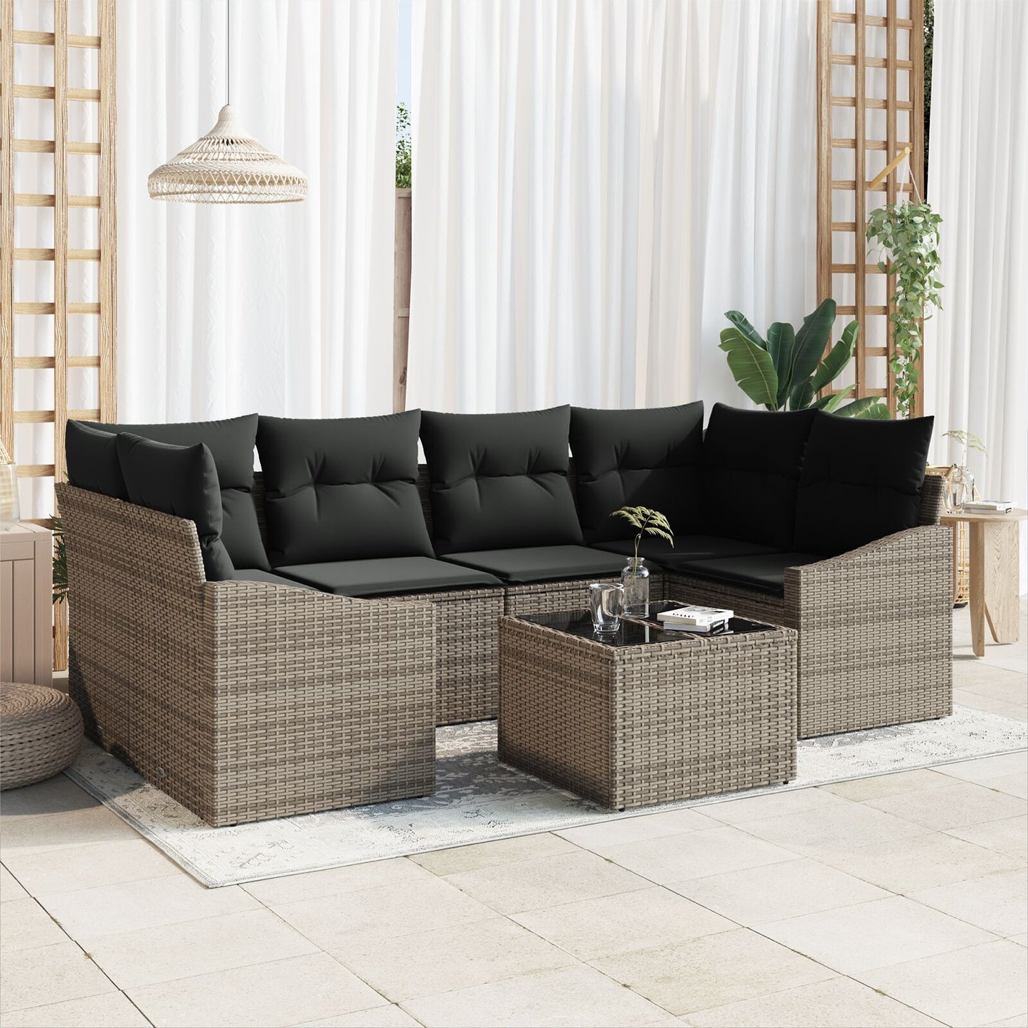 7-Delige Tuin Eetset Met Kussens Grijs Poly Rattan Gegalvaniseerd Staal