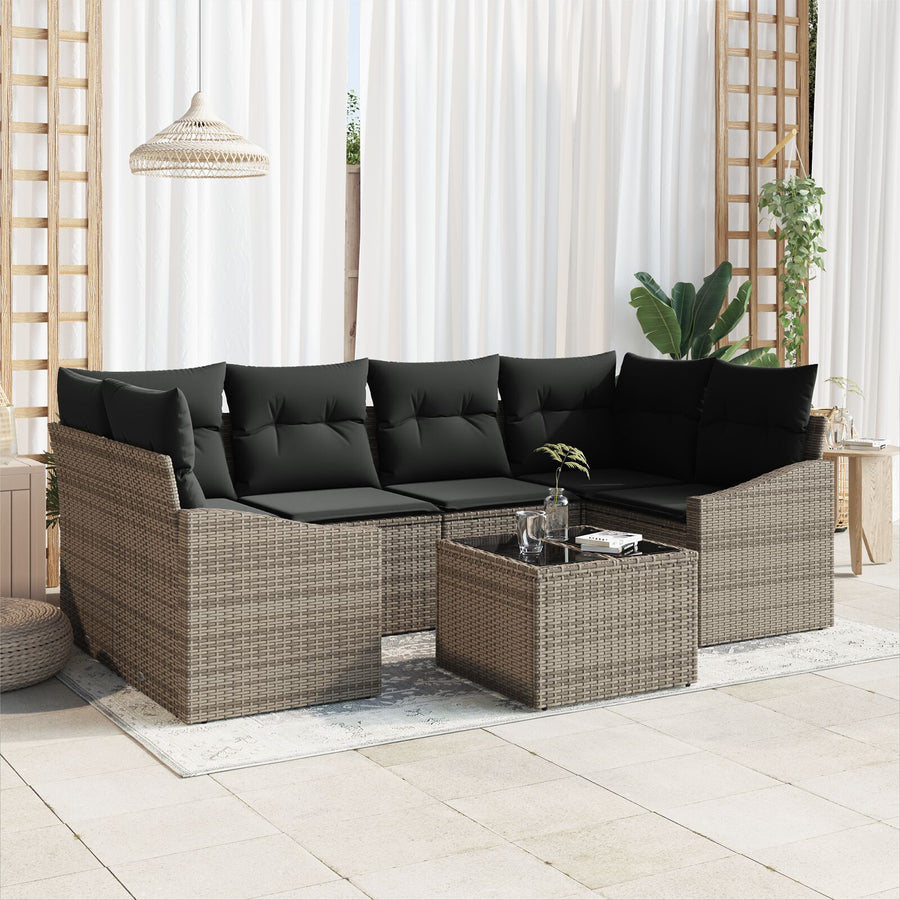 7-Delige Tuin Eetset Met Kussens Grijs Poly Rattan Gegalvaniseerd Staal